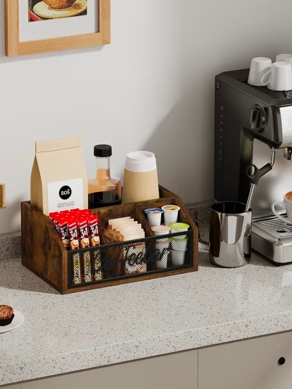Wood Coffee Station Organizer - Dark Brown with Black Metal Front